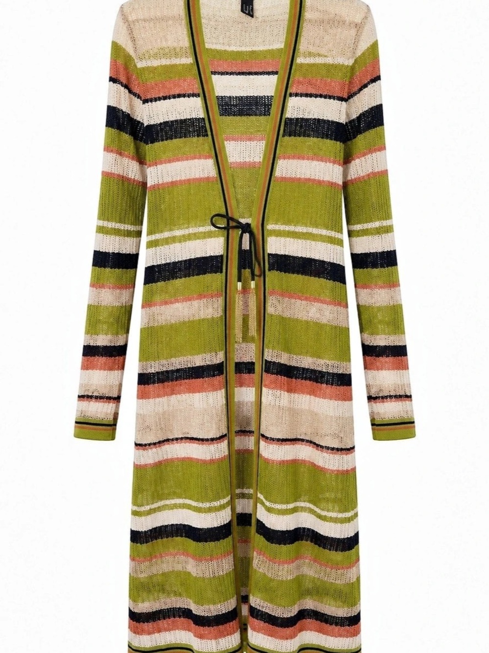 Marc Cain N3/US8/M Striped Open Knit Long Cardigan Green Metallic Tassel Tie